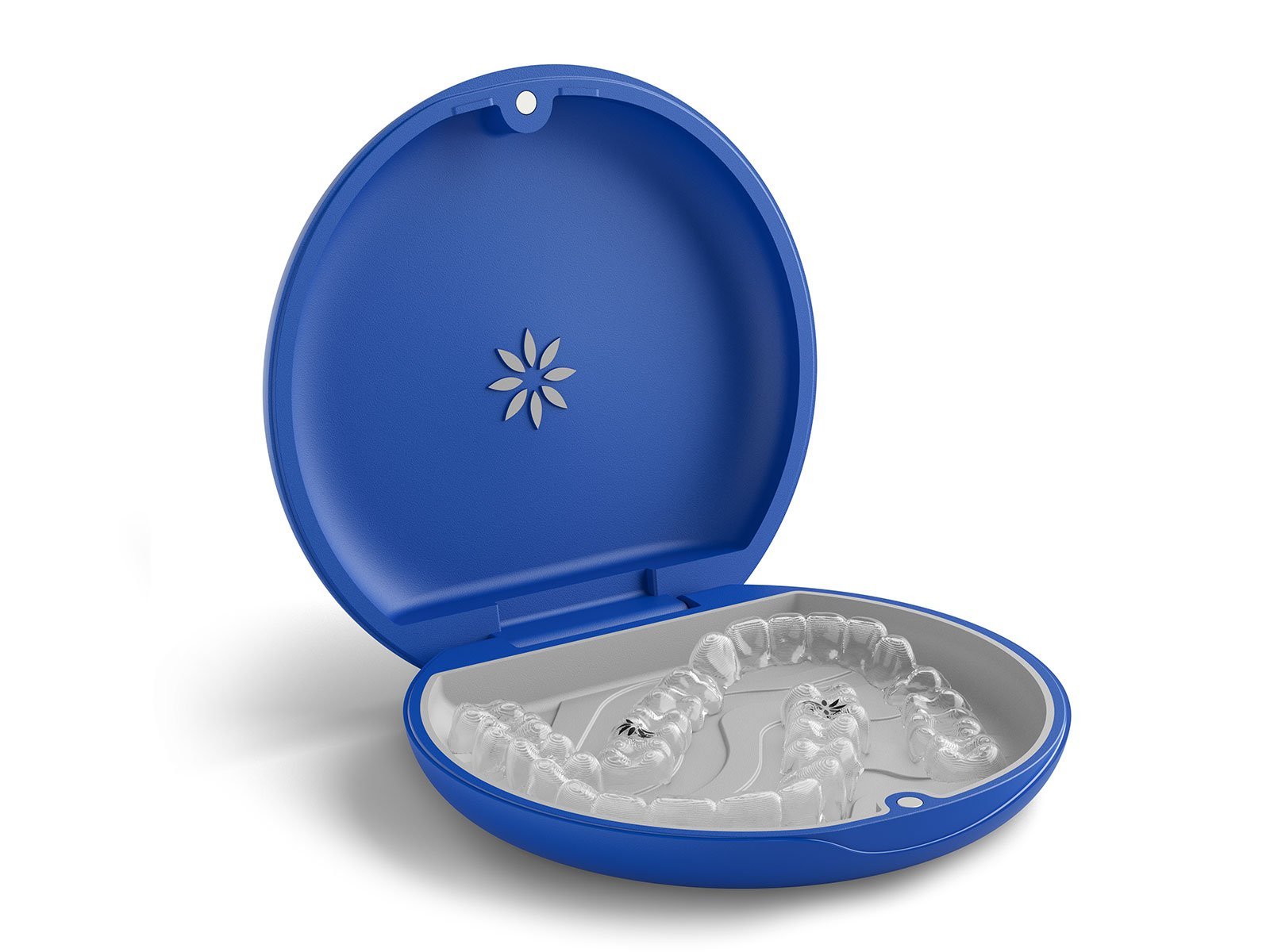 Invisalign aligner case in color royal blue open with aligner inside