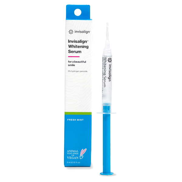 Invisalign Whitening Serum packaging with syringe on a white background